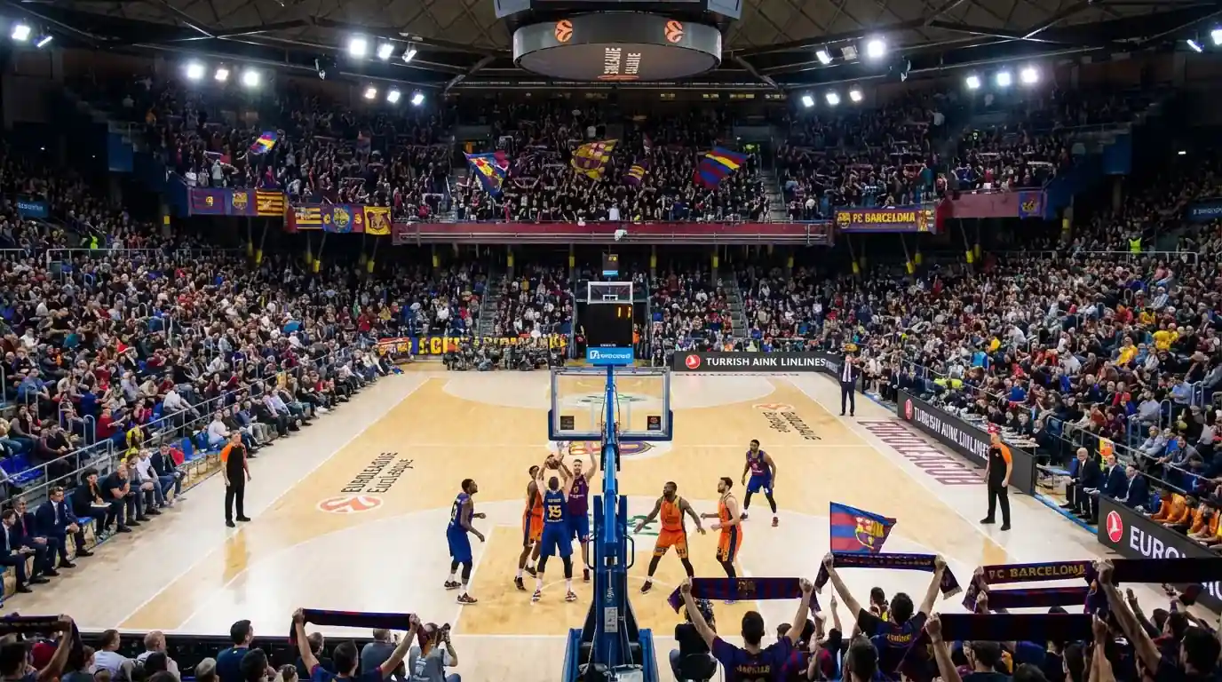 European basketball arena during EuroLeague match with professional teams competing on indoor court